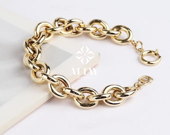 14K Gold Paperclip Rolo Chain Bracelet, Oval Rectangle Paper Clip Chain, Gold Thick Flat Oval Link, Rolo Gold Link, Woman Man Gold Bracelet
