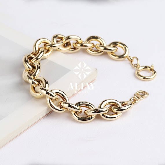 14K Gold Paperclip Rolo Chain Bracelet, Oval Rectangle Paper Clip Chain, Gold Thick Flat Oval Link, Rolo Gold Link, Woman Man Gold Bracelet