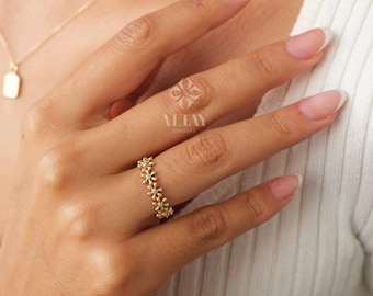 14K Gold Daisy Flower Ring, Blue Stone Floral Band, Dainty Real Gold Stacking Ring, Cute Everyday Jewelry, Gift for Her