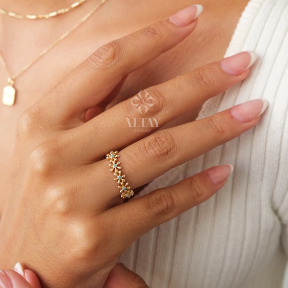 14K Gold Daisy Flower Ring, Blue Stone Floral Band, Dainty Real Gold Stacking Ring, Cute Everyday Jewelry, Gift for Her