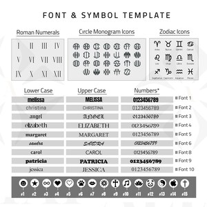 May include: A black and white graphic showing a font and symbol template with Roman numerals, circle monogram icons, zodiac icons, lower and upper case letters, numbers, and symbols. The template includes the text "FONT & SYMBOL TEMPLATE".