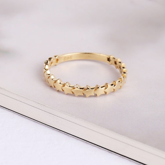14K Gold Star Ring, Gold Multi Stars Ring, Starburst Minimalist Ring, Tiny Astral Star Band, Stacking Dainty Gold Ring, Gift for Wife