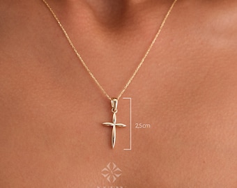 14K Gold Cross Necklace, Crucifix Pendant Chain, Jesus Christ Religious Jewelry, Christening, Dainty Cross Charm, Christian Charm Gift