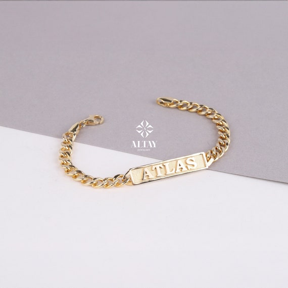 14K Gold ID Bracelet, Cuban Link Nameplate Bracelet, Custom Initial Engraved Bar, Custom Name Bracelet, Personalized Gift For Her Him