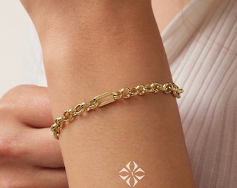 14K Gold Paperclip Rolo Chain Bracelet, Rectangle Paper Clip Chain, Gold Thick Flat Oval Link, Round Rolo Gold Link, Woman Man Gold Bracelet