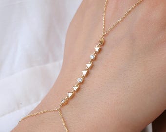 14K Gold Slave Hand Chain Bracelet, Cz Ring Bracelet, Minimal Hand Harness Jewelry for Women