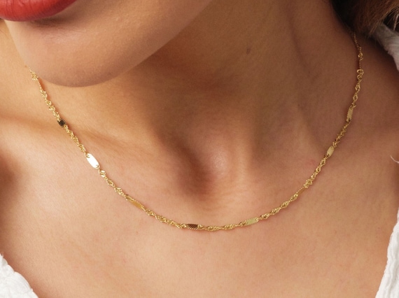 14K Gold Singapore Chain Necklace, 2MM Singapore Twist Chain Choker, Singapore Rope Glitter Chain, Sparkle Sequin Layering Necklace