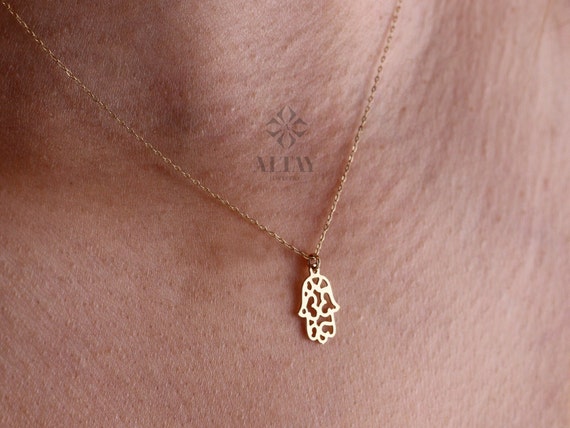 14K Gold Hamsa Necklace, Fatima Hand Pendant, Evil Eye Charm Pendant Choker, Religious Jewelry, Hand Charm, Minimalist Protection, Wife Gift