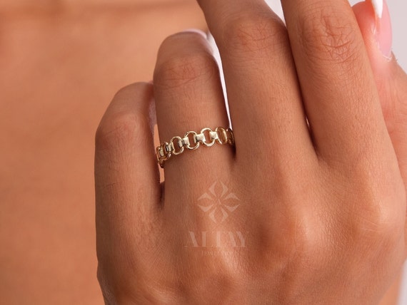 14K Gold Chain Ring, Chain Link Curb Ring, Belt Chain Curb Ring, Bold Chain Ring, Solid Gold Stacking Ring, Layering Minimalist Chain Link
