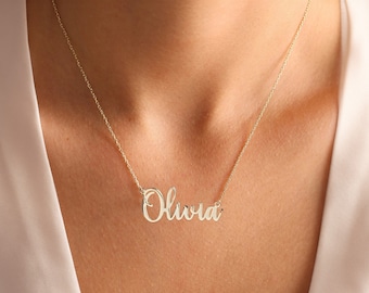 14K Gold Name Necklace, Personalized Name Pendant, Cursive Name Necklace, Dainty Gold Name Plate Necklace, Custom Gift Name Necklace