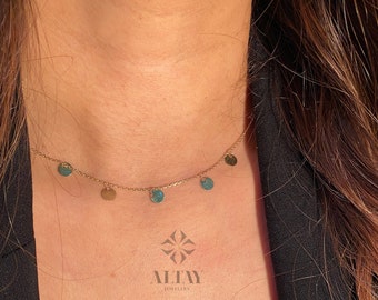 14K Solid Gold Initials Necklace, Multi Letter Dangle Coins Necklace, Custom Personalized Chain, Gift For Her, Minimalist Layering Chain