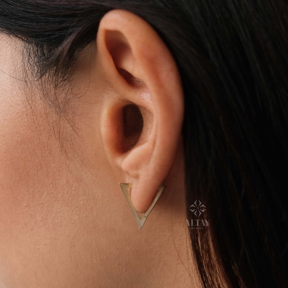 14K Gold Triangle Hoop Earrings, Geometric Huggie Earrings, Open Triangle Earrings Modern Hoop Earring, Minimalist Jewelry, Christmas