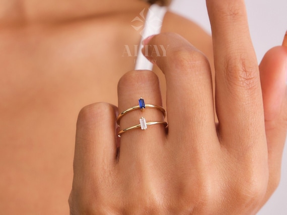 14K Gold Birthstone Baguette Ring, Custom Gemstone Ring, Personalized Solitaire Band, Dainty Ring, Stacking Ring, Gold Simple Ring Women