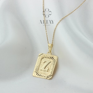 14K Gold Initial Necklace, Gold Letter Necklace, Square Block Letter, Custom Personalized Necklace, Medallion Necklace, Gift For Her Him