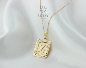 14K Gold Initial Necklace, Gold Letter Necklace, Square Block Letter, Custom Personalized Necklace, Medallion Necklace, Gift For Her Him