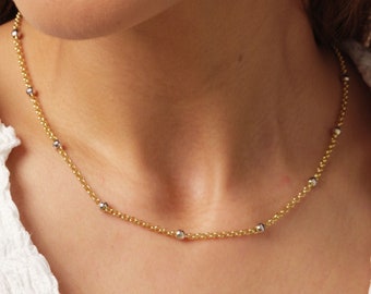 14K Gold Bead Chain Necklace, Two Tone Balls Necklace, Multi Balls Rolo Chain Necklace, Minimalist Fashion Delicate Necklace, Gift For Her