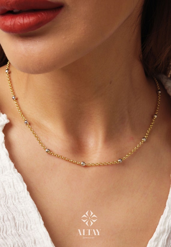 14K Gold Bead Chain Necklace, Two Tone Balls Necklace, Multi Balls Rolo Chain Necklace, Minimalist Fashion Delicate Necklace, Gift For Her