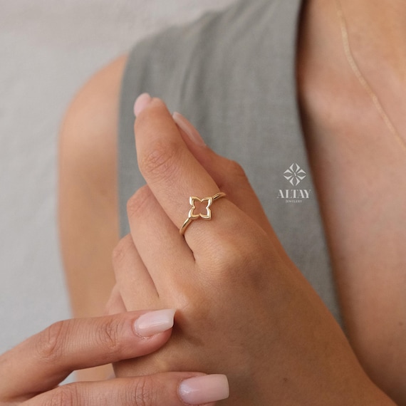 14K Gold Four Leaf Clover Ring, Open Clover Ring, Good Luck Clover Charm Ring, Gold Leaf, St. Patrick's Day Accessory Band, Gift for Her