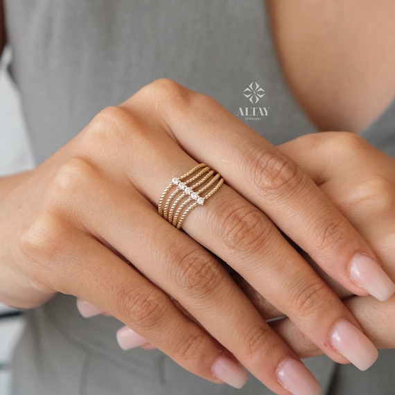 14K Gold 5 Stone Wedding Ring, Braided Band, Promise Anniversary Ring, Bridal Ring, Five Stone Stacking Ring, Dainty Ribbed Wedding Ring
