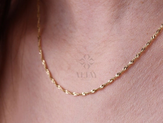 14K Gold Singapore Chain Necklace, 1.5MM Singapore Twist Chain Choker, Singapore Rope Chain, Twisted Singapore Layering Necklace