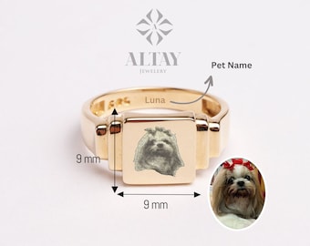 14K Gold Pet Portrait Ring, Personalized Pet Signet Engraved, Cat Dog Print Memorial Ring, Pet Photo Paw Print Ring, Remembrance Jewelry
