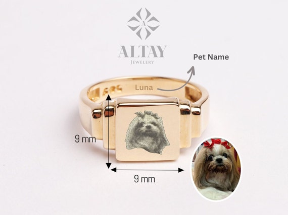 14K Gold Pet Portrait Ring, Personalized Pet Signet Engraved, Cat Dog Print Memorial Ring, Pet Photo Paw Print Ring, Remembrance Jewelry