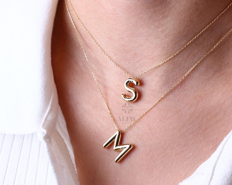 14K Gold Initial Necklace, 3D Gold Letter Necklace, Balloon Letter Pendant, Custom Personalized Necklace, Name Choker, Gift For Her Him zdjęcie 6