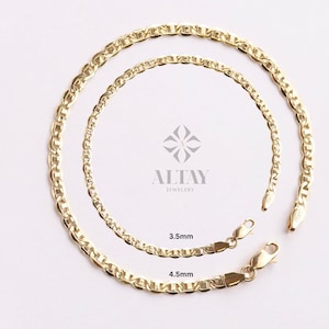 May include: Two gold chains, one 3.5 mm and one 4.5 mm, laid out on a white surface. The chains are both mariner style.