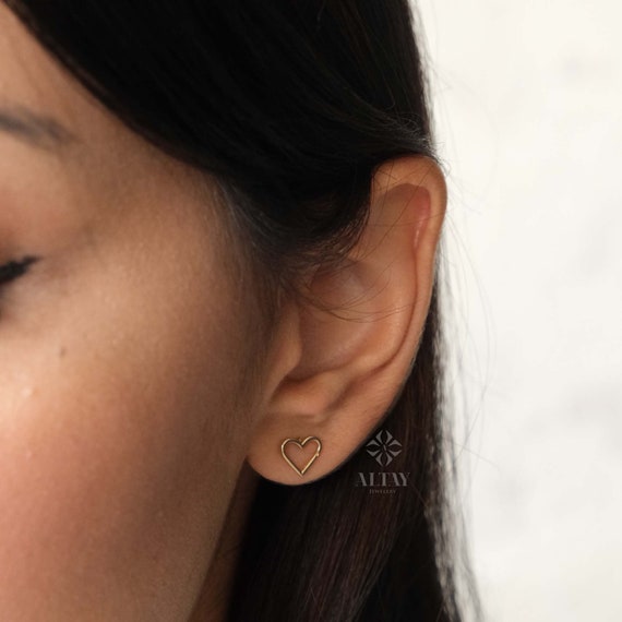 14K Gold Heart Stud Earrings, Open Heart Earrings, Mini Love Earrings Stacking Gold Earrings, Gifts for Daughter, Valentine's Gift for Her