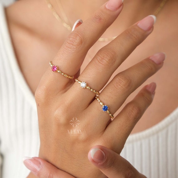 14K Gold Solitaire Birthstone Ring, Birthstone Solo Personalized Ring, Custom Gemstone Ring, Beaded Knuckle Band, Stacking Wedding Ring