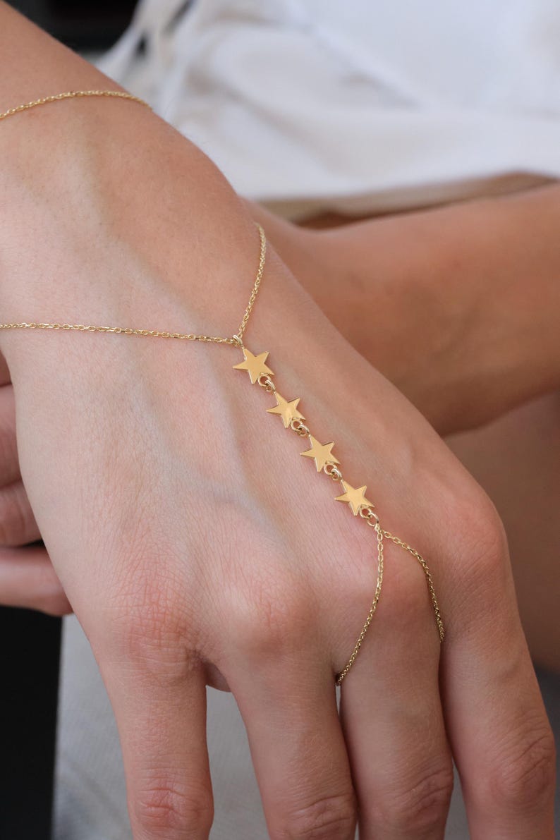 Star Hand Chain 14K Gold Star Hand Chain Bracelet, Minimal Star Slave Bracelet ...