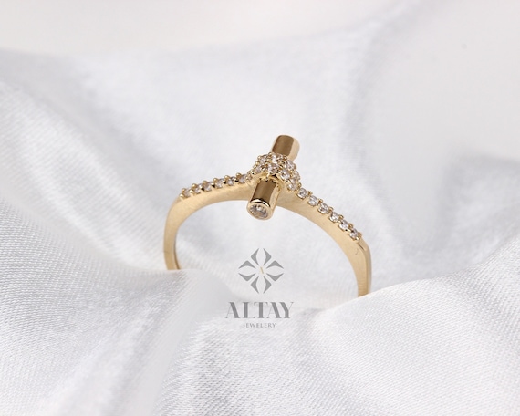 14K Gold Cylinder Bar Ring, Vertical Line Ring, Baguette T Bar, Rectangle Unique Ring, Stick Statement Ring, Stackable Band Ring