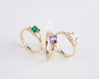 14K Gold Engagement Ring, Art Deco Gold Baguette Ring, Gemstone Anniversary Ring, Minimalist Stacking Ring, Birthstone Band Ring, Mom Gift
