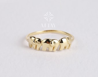 14K Solid Gold Elephant Ring, Three Elephant Ring, Stacking Thin Gold Ring, Animal Gold Ring, Dainty Minimalist Ring, Good Fortune Symbol