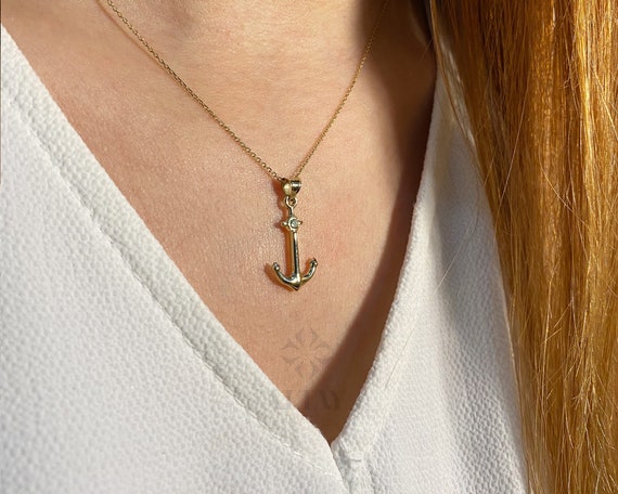 14K Gold Anchor Necklace, Tiny Gold Anchor Pendant, Anchor