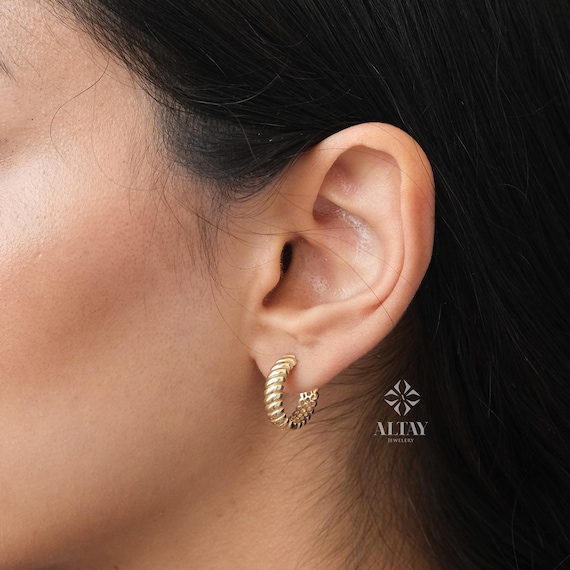14K Gold Croissant Hoop Earrings, 15mm Round Thick Chunky Hoops Gold Earrings, French Hoop Earrings, Statement Earrings, Women Bold Hoops