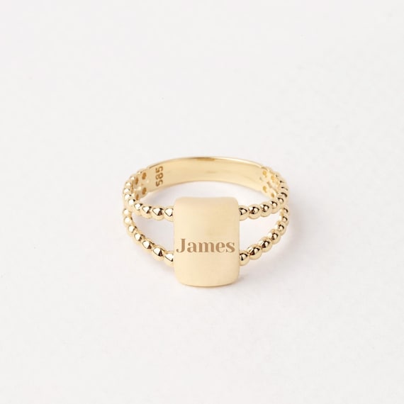14K Gold Rectangle Name Ring, Plain Stacking Ring, Date Bar Nameplate, Stackable Knuckle, Custom Name Ring, Flower Engraved Personalized