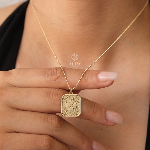 14K Gold Clover Necklace, Rectangle Charm Pendant, Small Clover Necklace, Good Luck Charm, Dainty Gold Choker, Personalized Flower Gift