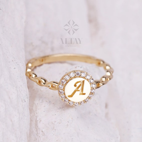 14K Gold Initial Ring, CZ Diamond Cursive Initial, Dainty Letter Band, Name Monogram Ring, Personalized Jewelry, Customized Tiny Gift