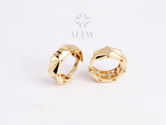 14K Gold Faceted Huggie Hoop Earrings, 12mm Hoop Earrings, Unique Geometric Earring, Sparkle Earrings, Glitter Huggie Earrings, Dainty Hoops