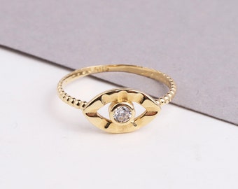 14K Gold Evil Eye Ring, Unique Evil Eye Band Ring, Zirconia Stone, Eyelashes Gold Ring, Dainty Ring, Good Luck Stackable Ring, Minimal Ring