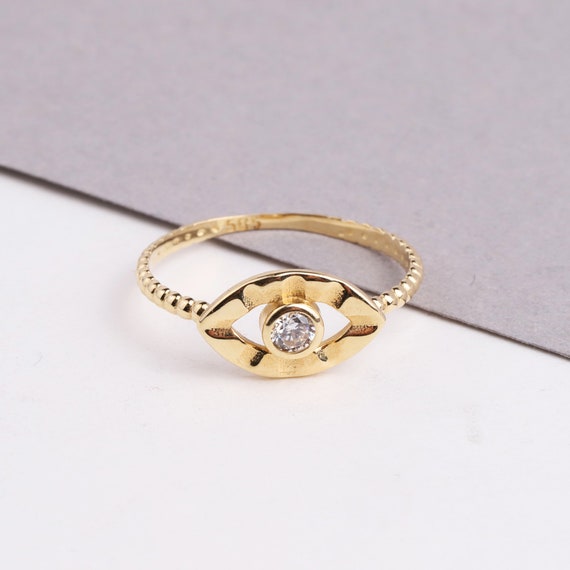 14K Gold Evil Eye Ring, Unique Evil Eye Band Ring, Zirconia Stone, Eyelashes Gold Ring, Dainty Ring, Good Luck Stackable Ring, Minimal Ring