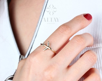 14K Gold Airplane Ring, Aviation Gifts, Plane Gold Ring, Female Pilot Gift, Travel Lover Ring, Minimal Flight Attendant Ring, Gift for Her