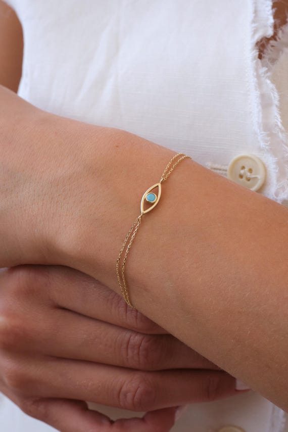 14K Gold Evil Eye Bracelet with Turquoise, Dainty Evil Eye Bracelet, Minimal Gold Chain Bracelet, Protection Bracelet, Everyday Gold Jewelry