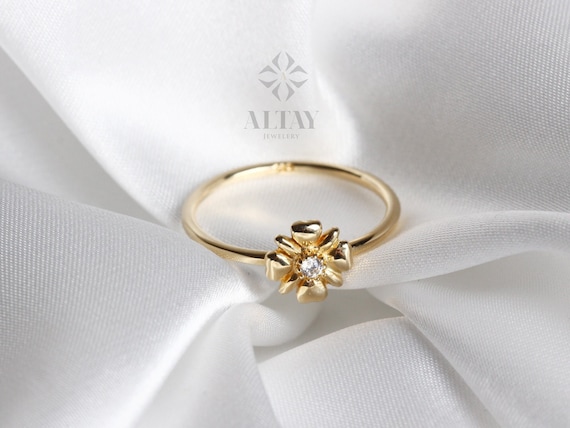 14K Solid Gold Flower Ring, Dainty Ring, Minimalist Ring, Tiny Ring, Stackable Cz Ring, Gold Stacking Ring, Chic Ring, Gift for Her