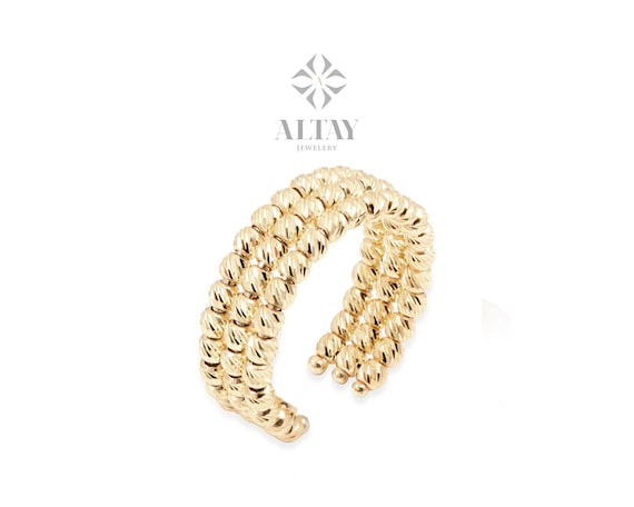 14K Solid Yellow Gold Dorica Balls Ring, Triple Beaded Line Mini Balls, Stackable, Dainty, Delicate Ring, Gift For Her, Jewelry, Fashion
