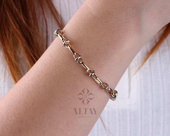 14K Gold Two Tone Link Chain Bracelet, Oval Chain Link Bracelet, Rectangle Long Paperclip Chain Anklet, Chunky Chain Link, Gift For Her