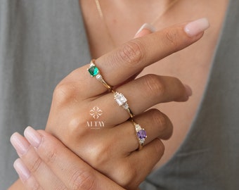 14K Gold Engagement Ring, Art Deco Gold Baguette Ring, Gemstone Anniversary Ring, Minimalist Stacking Ring, Birthstone Band Ring, Gift Her