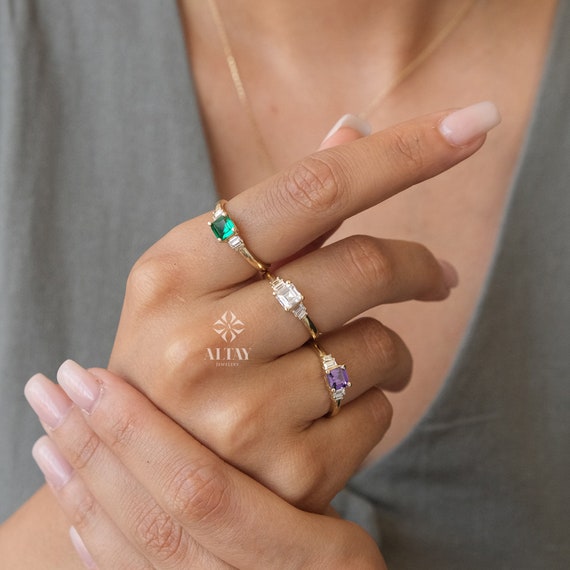 14K Gold Engagement Ring, Art Deco Gold Baguette Ring, Gemstone Anniversary Ring, Minimalist Stacking Ring, Birthstone Band Ring, Gift Her