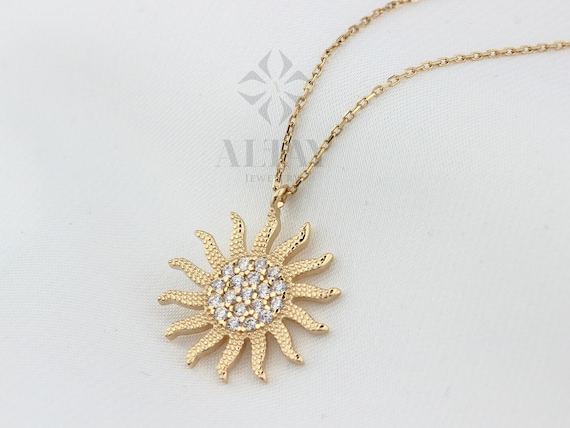 14K Gold Diamond Sun Necklace, Celestial Pendant, CZ Diamonds Choker, Minimalist Jewelry, Dainty Sun Star, Layering Chain, Gift for Her